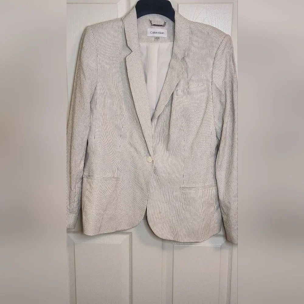 Calvin Klein 14 White Black Striped LINEN Blend Lined Pockets Women's Blazer